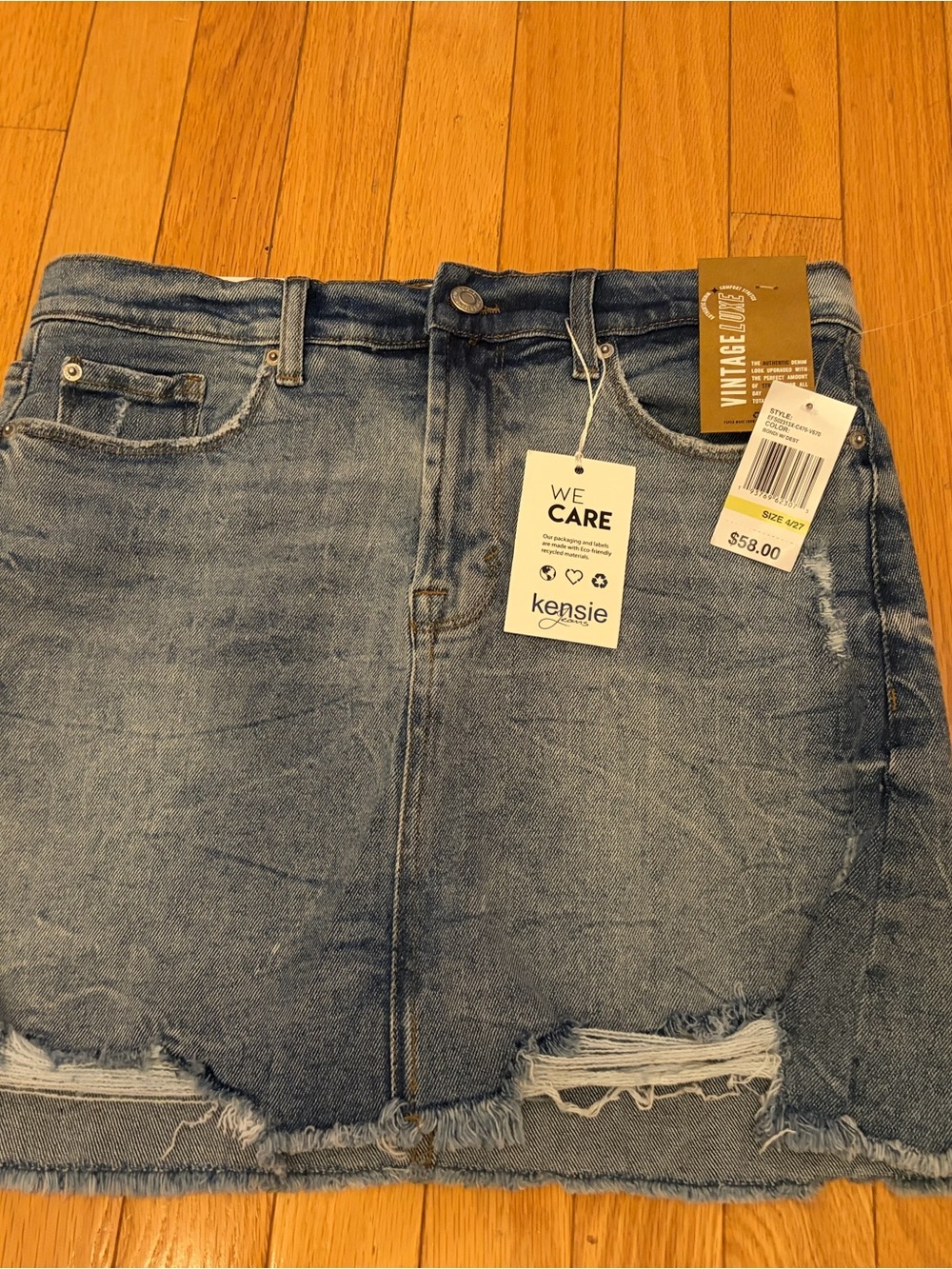 kensie Light Blue Distressed Denim Mini Skirt
